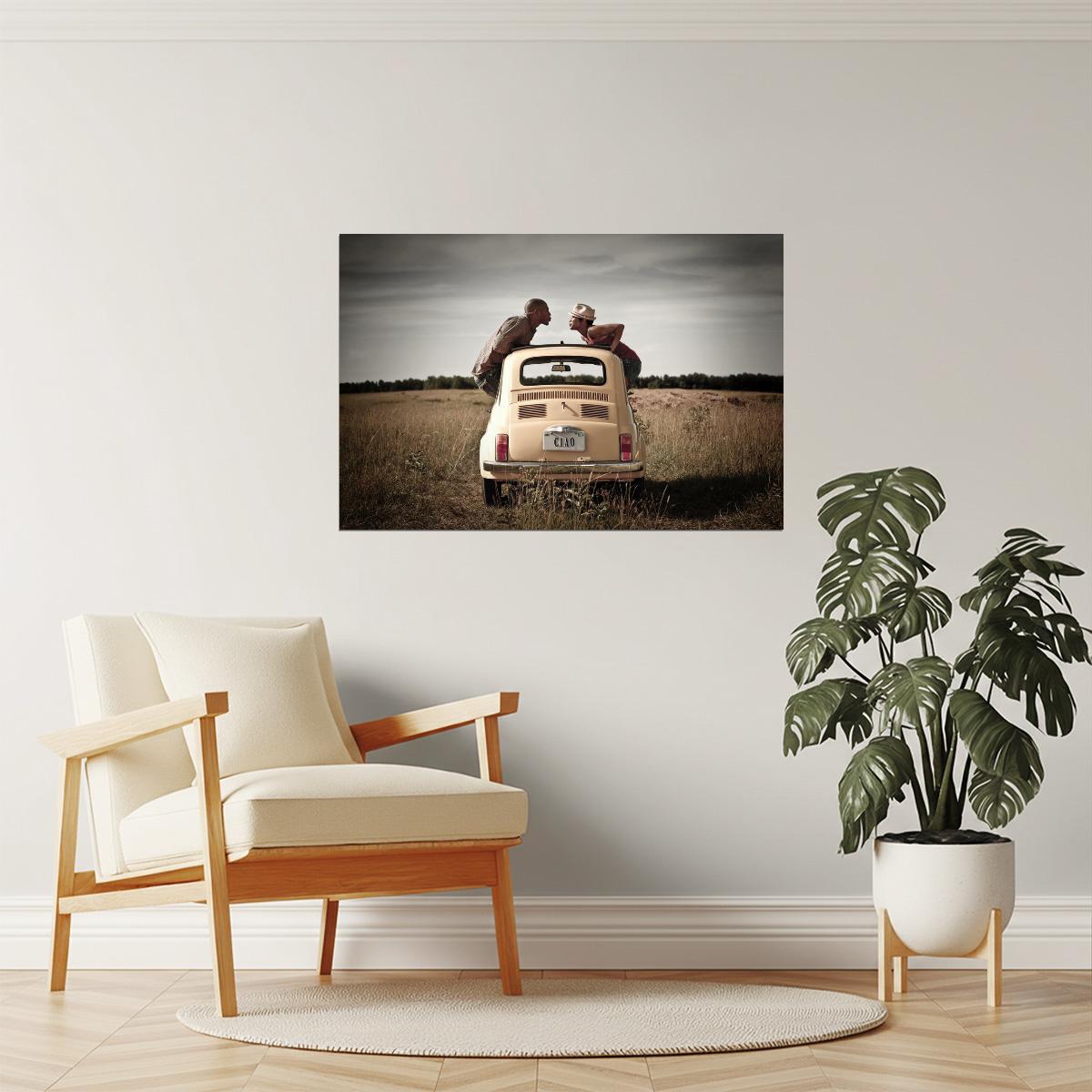 Couple Kissing in Car Window Poster | Romantic Photography | Vintage Wall Art