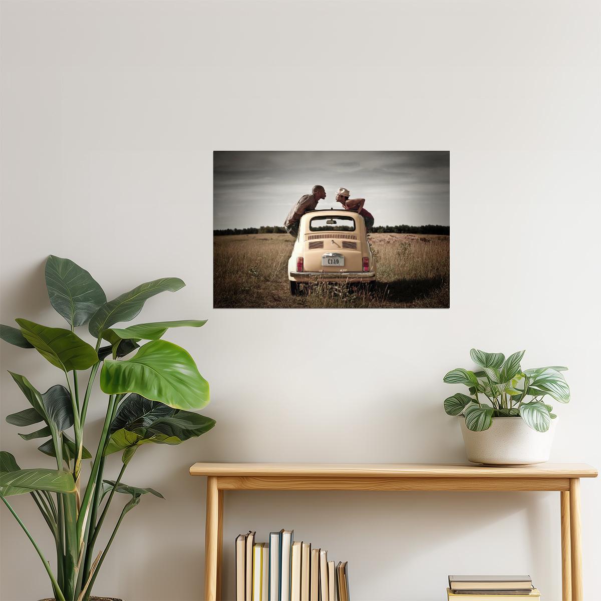 Couple Kissing in Car Window Poster | Romantic Photography | Vintage Wall Art
