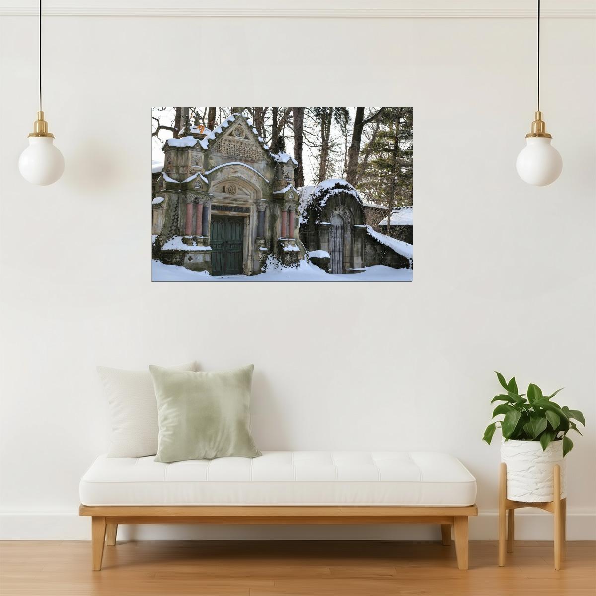 Snowy Mausoleums Poster | Lake View Cemetery Photography | Winter Wall Art