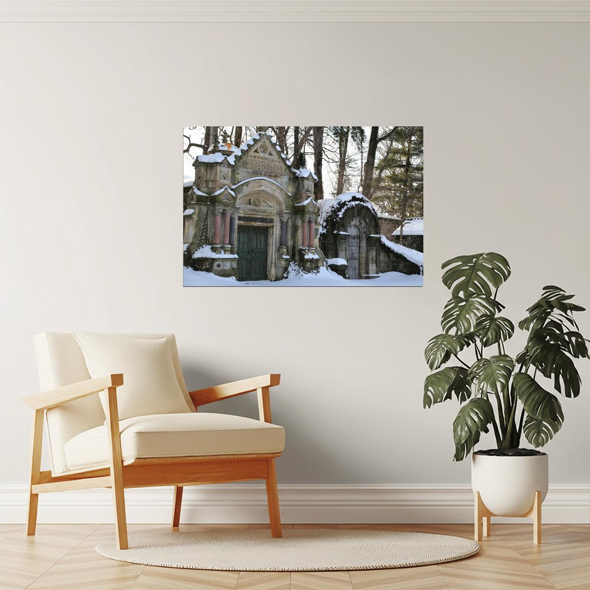 Snowy Mausoleums Poster | Lake View Cemetery Photography | Winter Wall Art