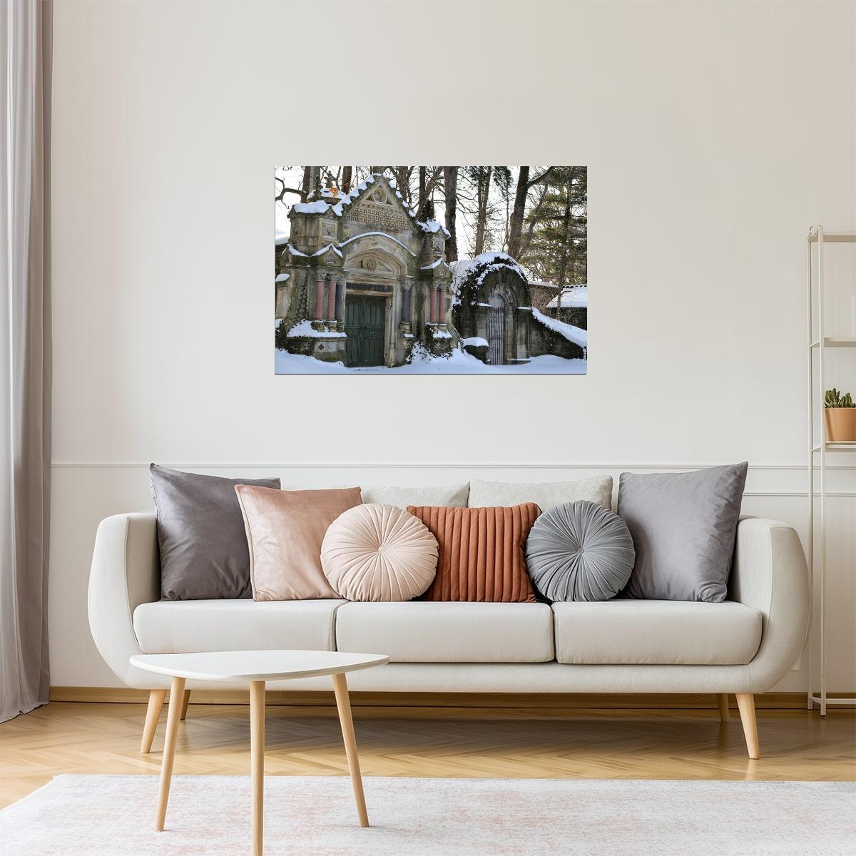 Snowy Mausoleums Poster | Lake View Cemetery Photography | Winter Wall Art