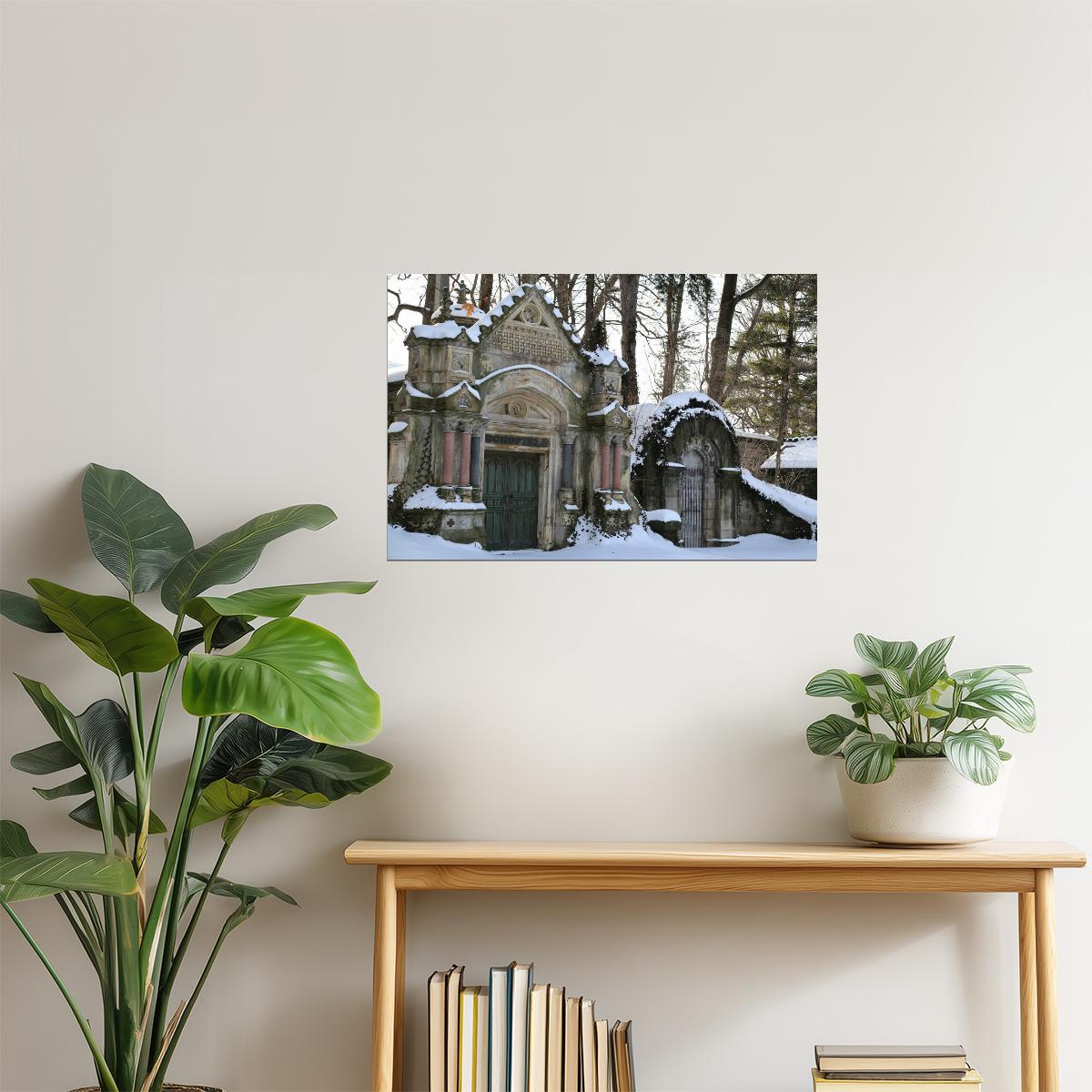 Snowy Mausoleums Poster | Lake View Cemetery Photography | Winter Wall Art