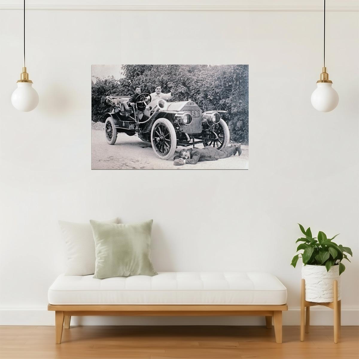 Man Hit By Car Funny Poster | Vintage Black and White Photo | Humorous Wall Art