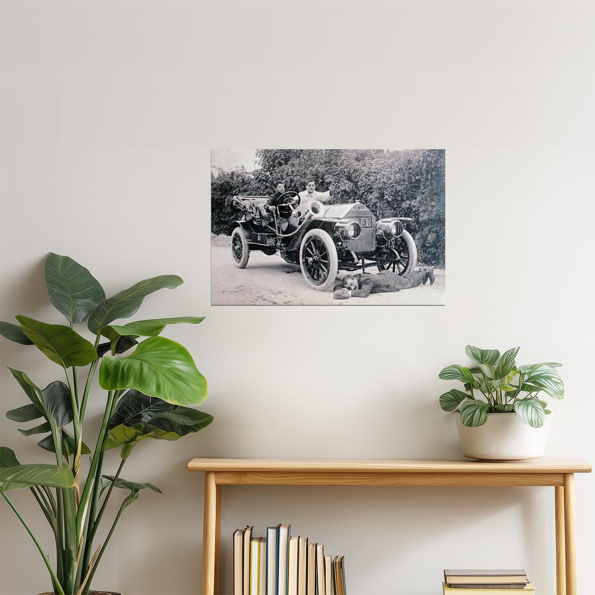 Man Hit By Car Funny Poster | Vintage Black and White Photo | Humorous Wall Art