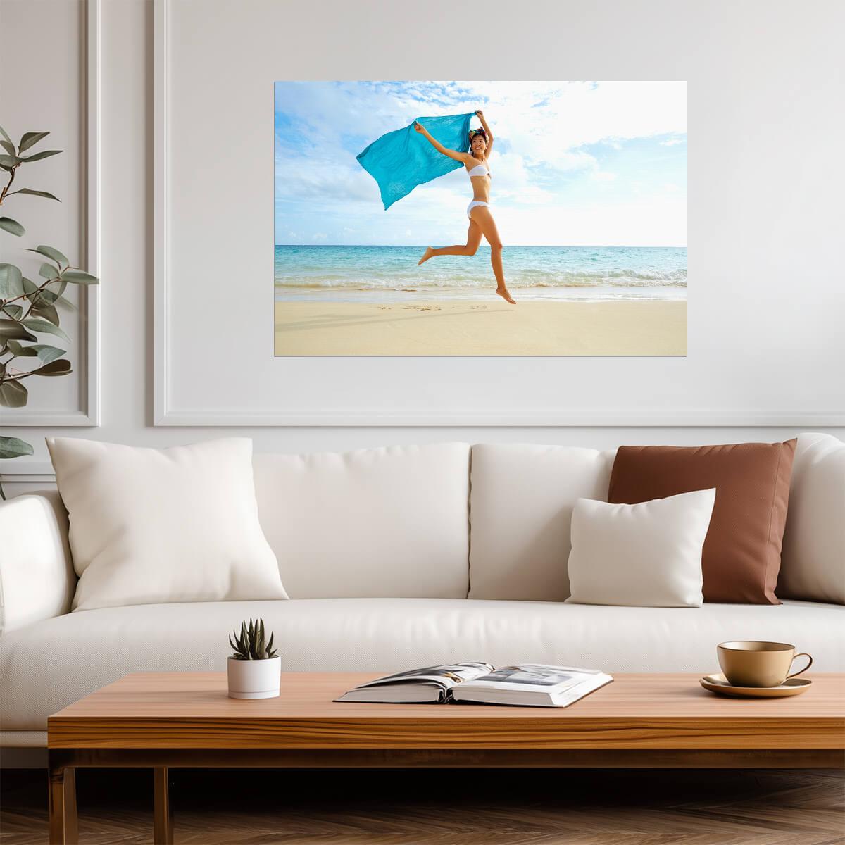 Woman on Beach with Sarong | Tropical Photography Print | Summer Vibe Poster