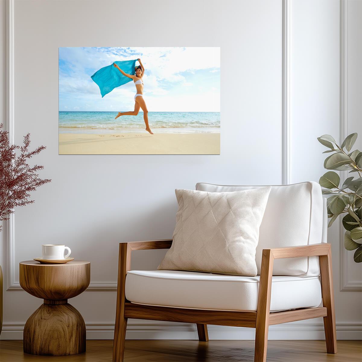 Woman on Beach with Sarong | Tropical Photography Print | Summer Vibe Poster