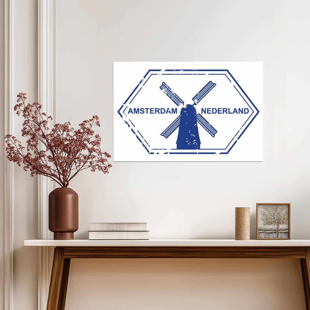 Vintage Amsterdam Netherlands Passport Stamp | Retro Travel Art | Dutch Poster