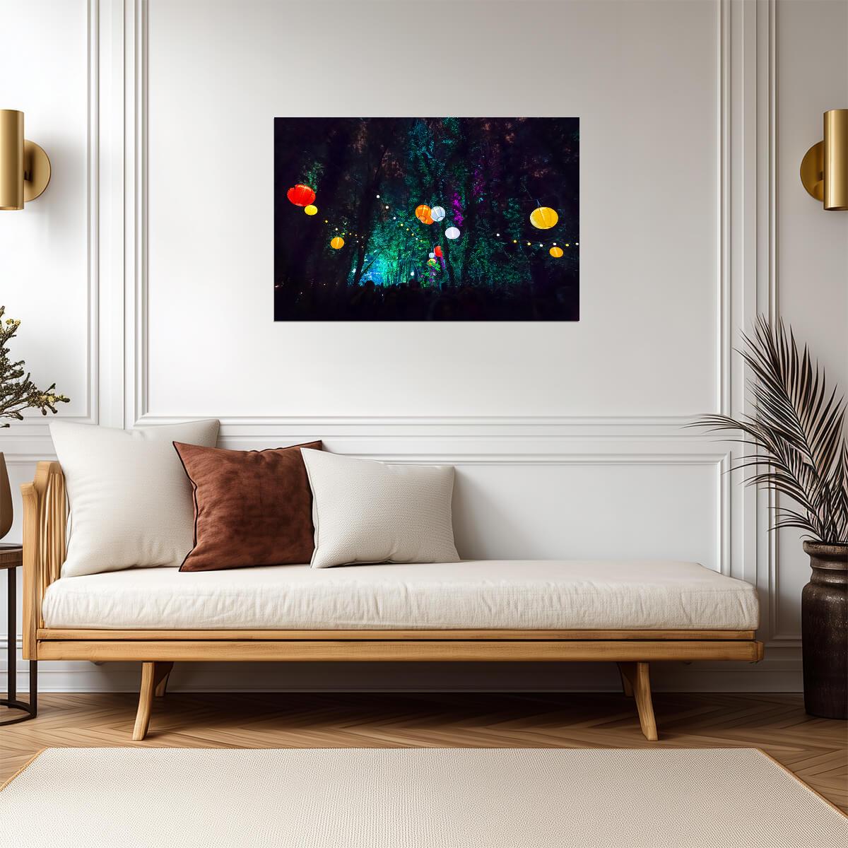 Enchanted Forest Party with Lanterns | Magical Night Photography | Festival Wall Art Poster - Photography Poster