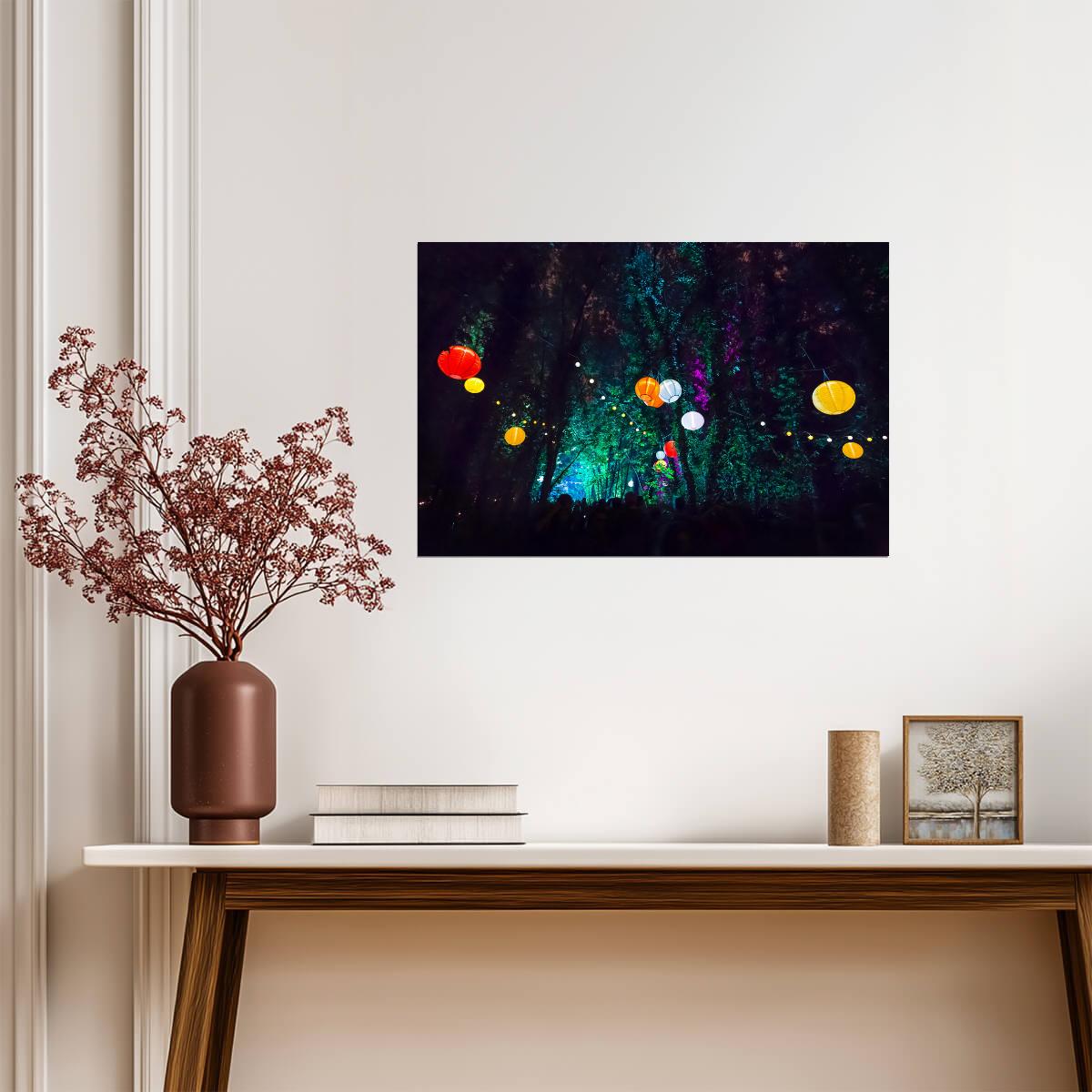 Enchanted Forest Party with Lanterns | Magical Night Photography | Festival Wall Art Poster - Photography Poster