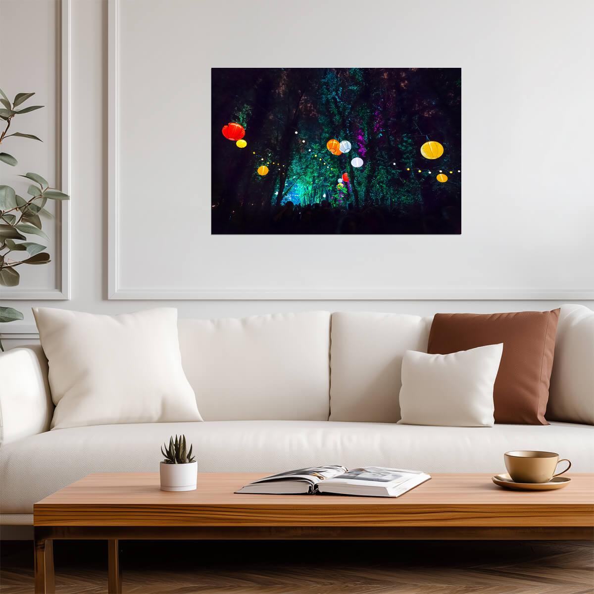 Enchanted Forest Party with Lanterns | Magical Night Photography | Festival Wall Art Poster - Photography Poster