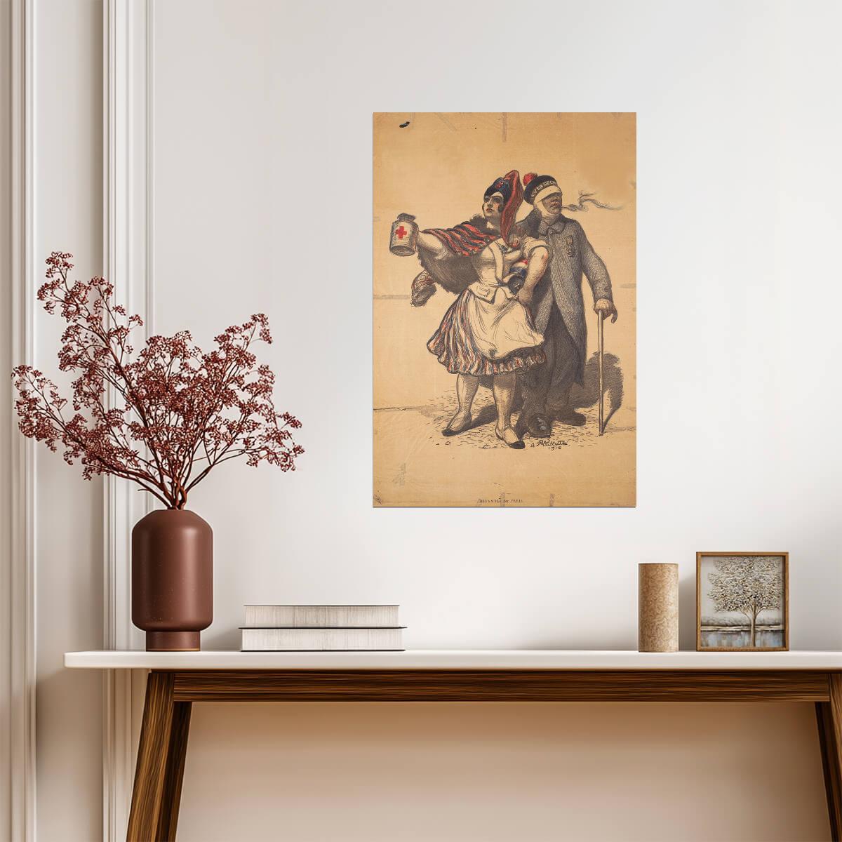 French Soldier with Red Cross Nurse | Vintage WWI Poster | Nostalgic Military Art - Vintage & Retro Poster