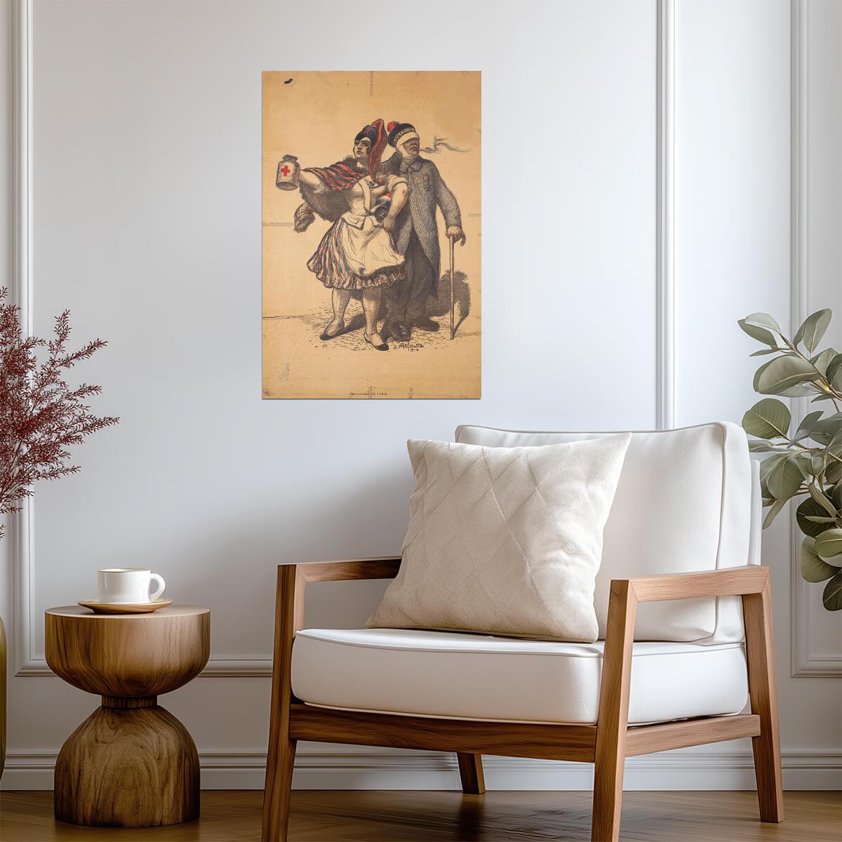French Soldier with Red Cross Nurse | Vintage WWI Poster | Nostalgic Military Art - Vintage & Retro Poster