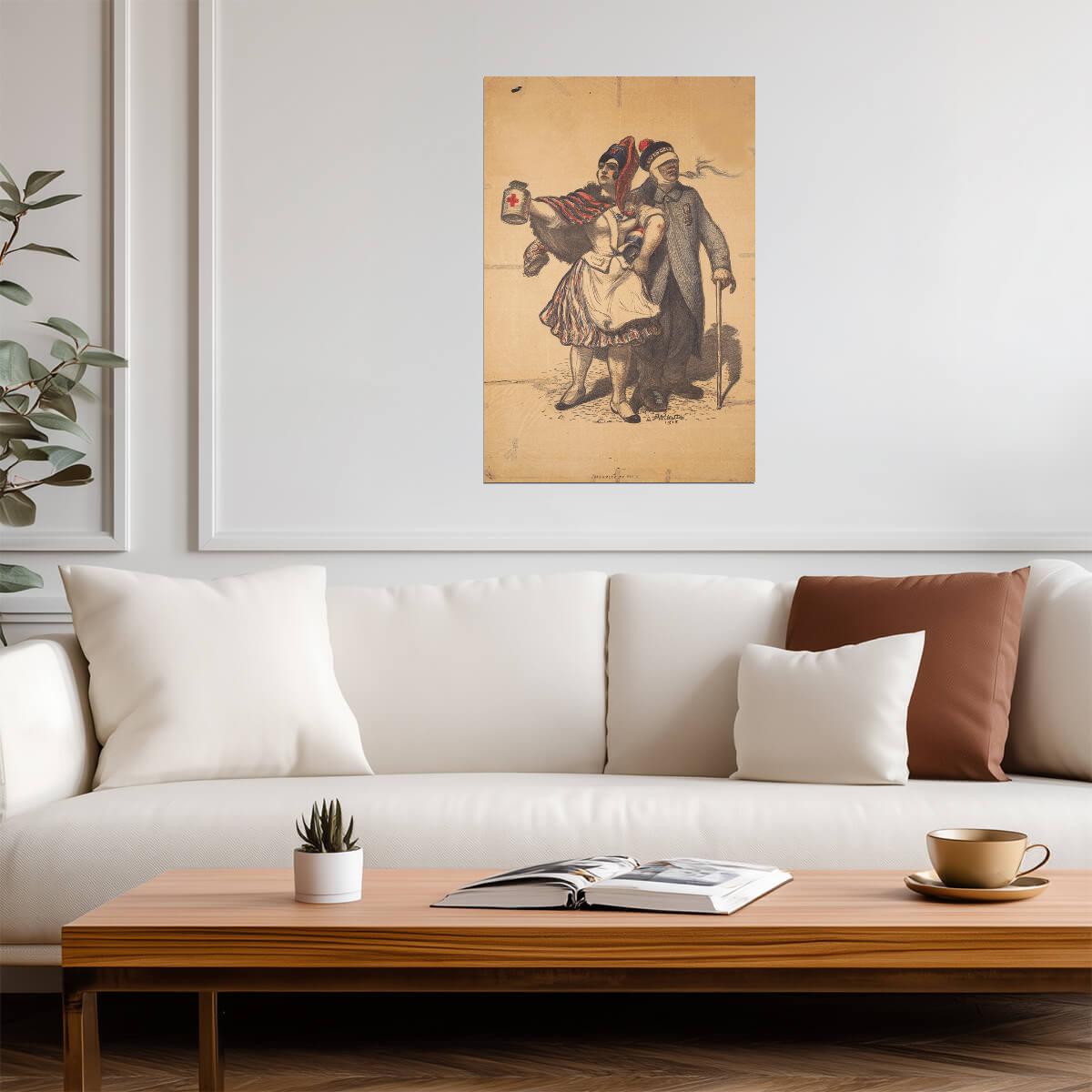 French Soldier with Red Cross Nurse | Vintage WWI Poster | Nostalgic Military Art - Vintage & Retro Poster