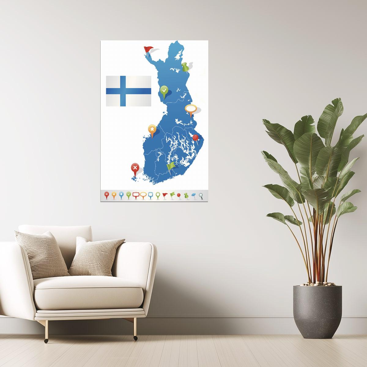 Finland Map | Blue Map with Flag and Location Icons Poster