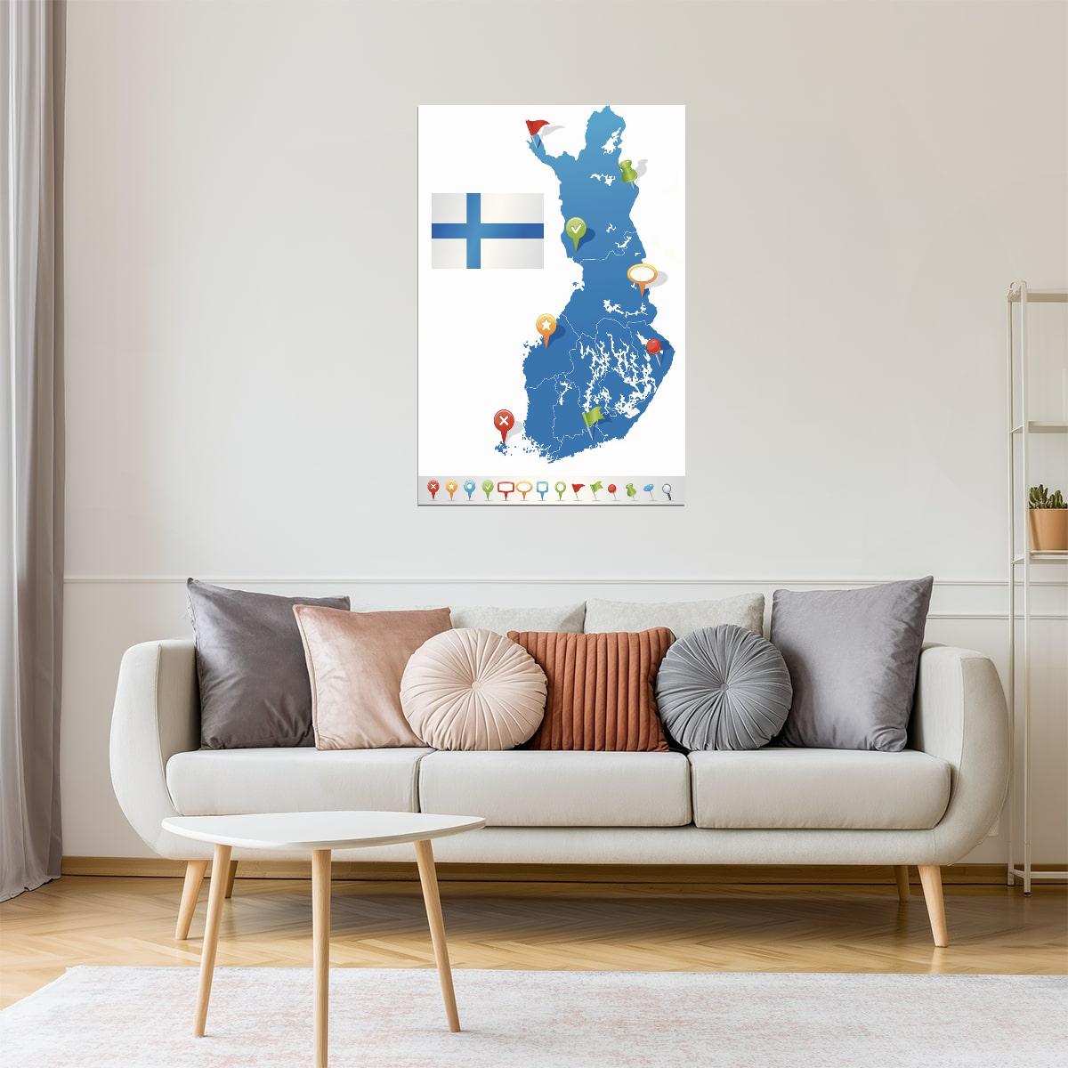 Finland Map | Blue Map with Flag and Location Icons Poster