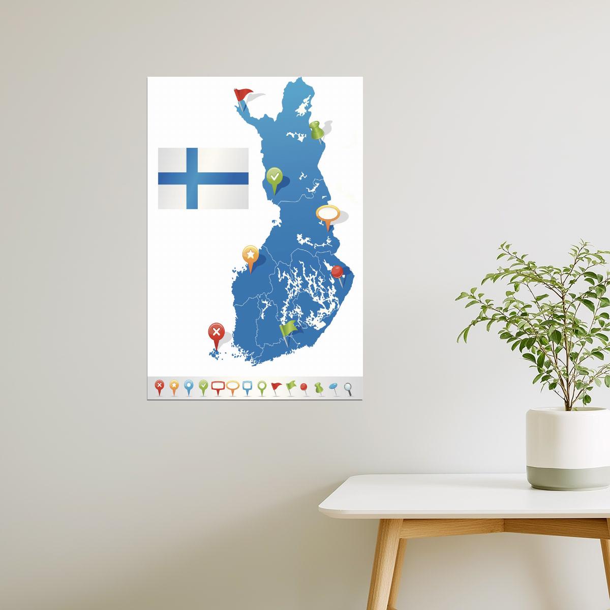 Finland Map | Blue Map with Flag and Location Icons Poster