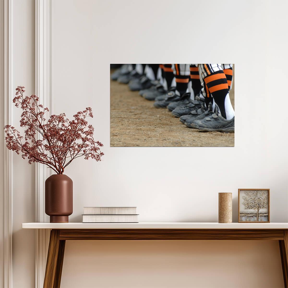 Baseball Players in a Row | Team Spirit Photography | Dugout Cleats Poster - Sports Poster
