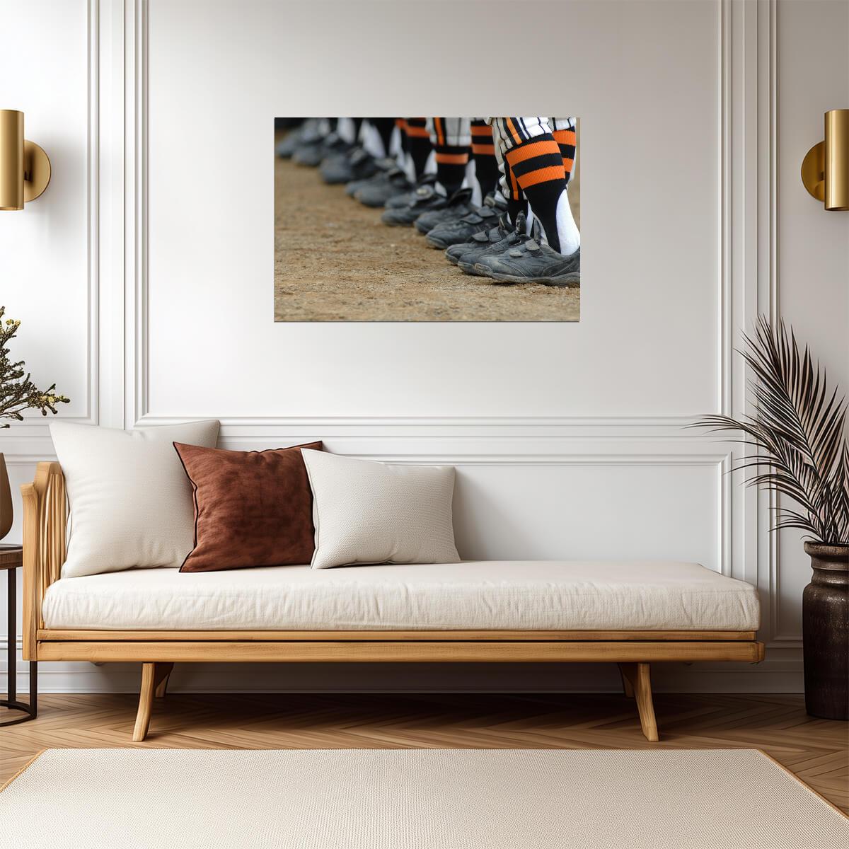 Baseball Players in a Row | Team Spirit Photography | Dugout Cleats Poster - Sports Poster