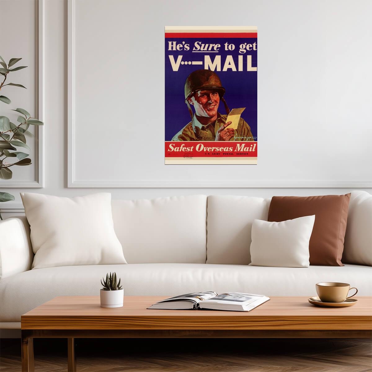 "He's Sure to Get V-Mail" | Safest Overseas Mail | WWII Propaganda Poster - Vintage & Retro Poster