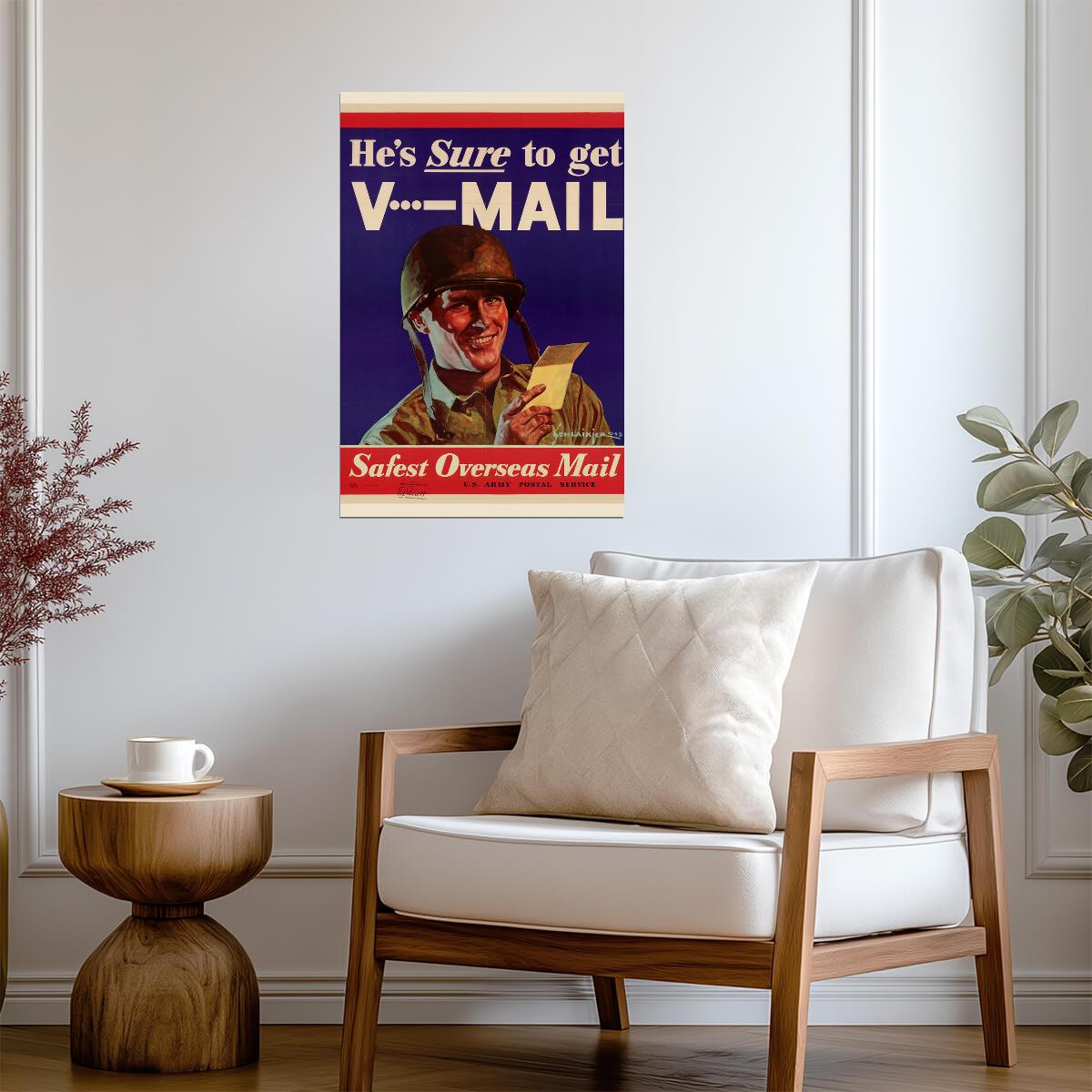 "He's Sure to Get V-Mail" | Safest Overseas Mail | WWII Propaganda Poster - Vintage & Retro Poster