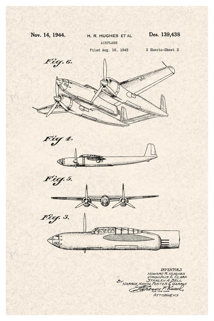 Howard Hughes Flying Boat Patent | H-4 Hercules Diagram | Aviation History Poster - Vintage & Retro Poster