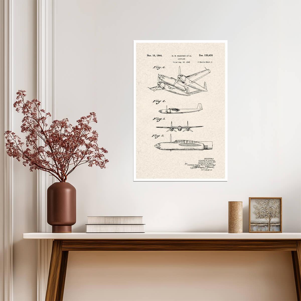 Howard Hughes Flying Boat Patent | H-4 Hercules Diagram | Aviation History Poster - Vintage & Retro Poster