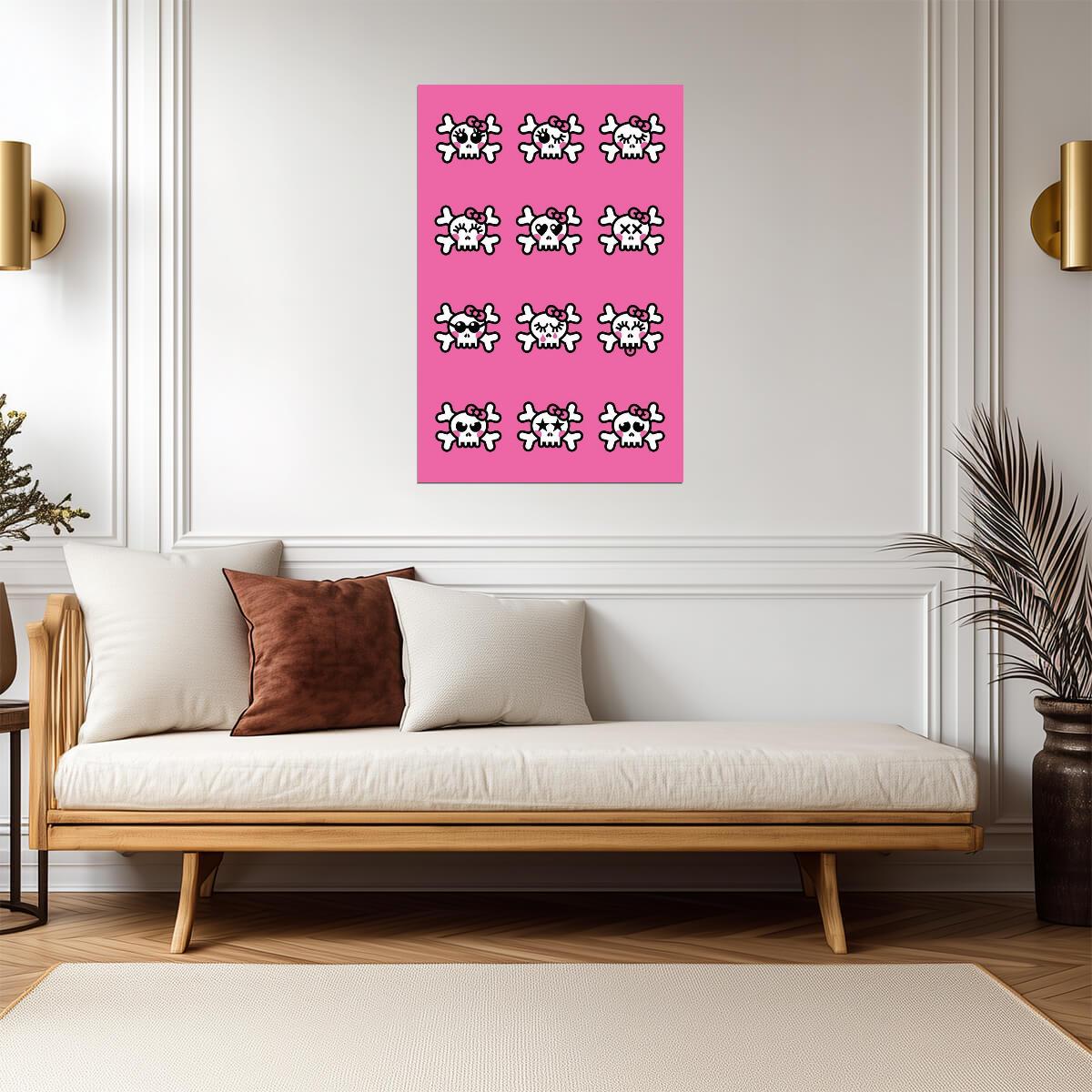 Cute Emo Skulls Graphic Art | Pink & Black Illustration | Modern Pop Art Poster - Graphic & Art Poster