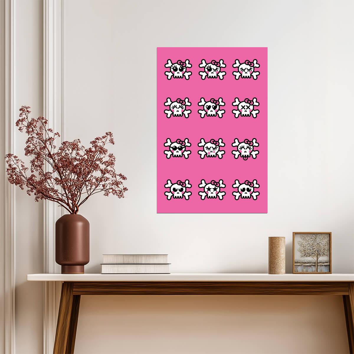 Cute Emo Skulls Graphic Art | Pink & Black Illustration | Modern Pop Art Poster - Graphic & Art Poster