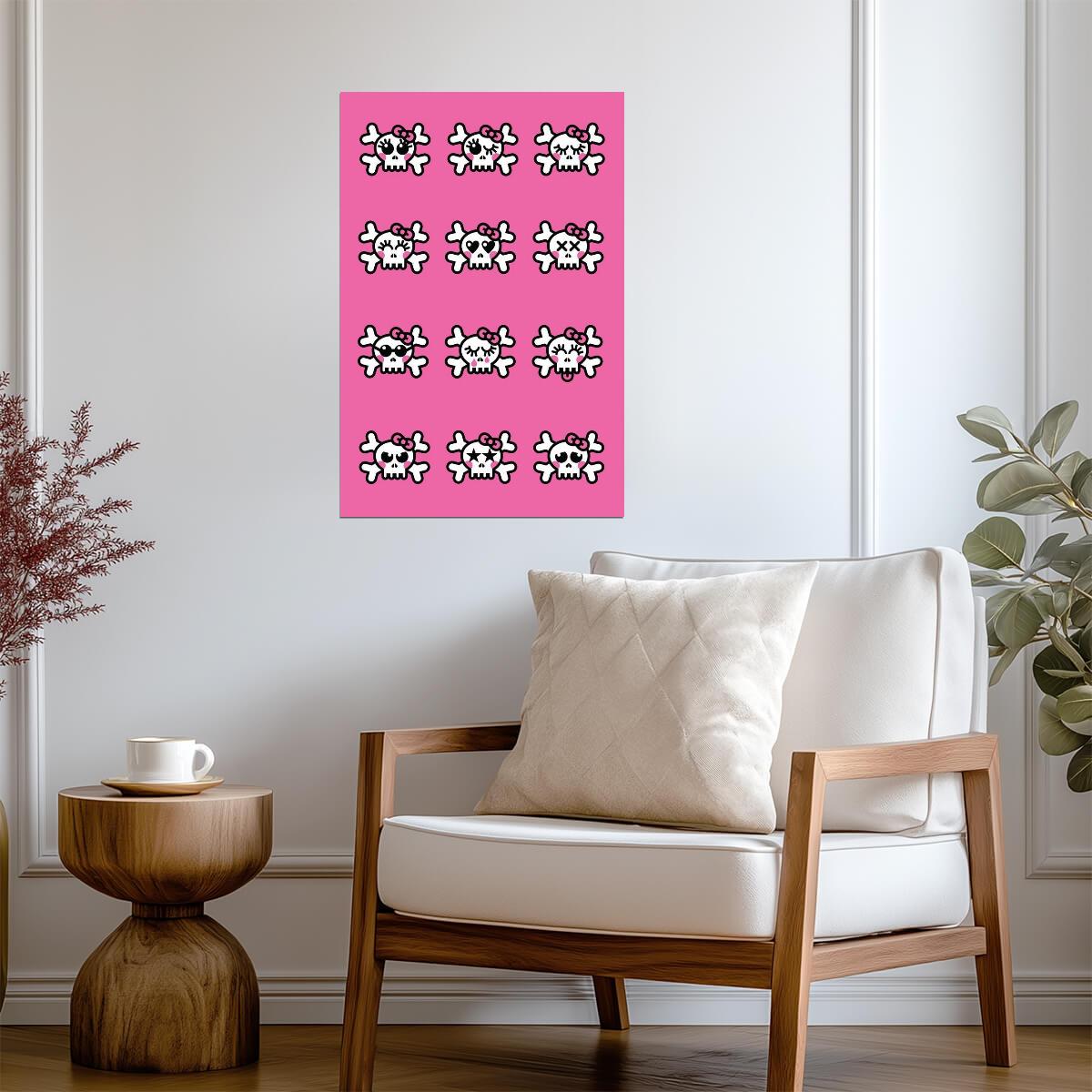 Cute Emo Skulls Graphic Art | Pink & Black Illustration | Modern Pop Art Poster - Graphic & Art Poster