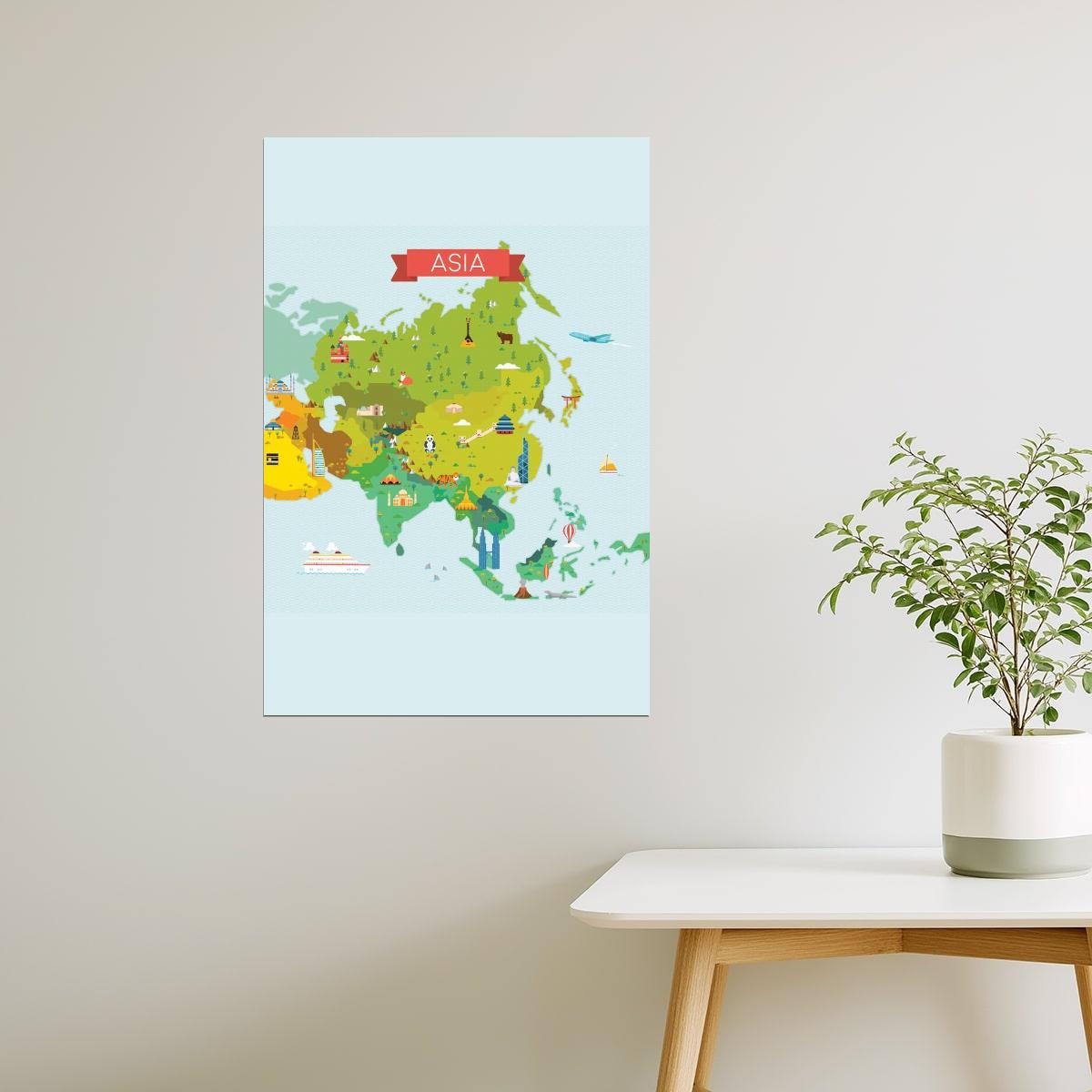 Asia Map | Illustrated Classroom Map with Icons Poster