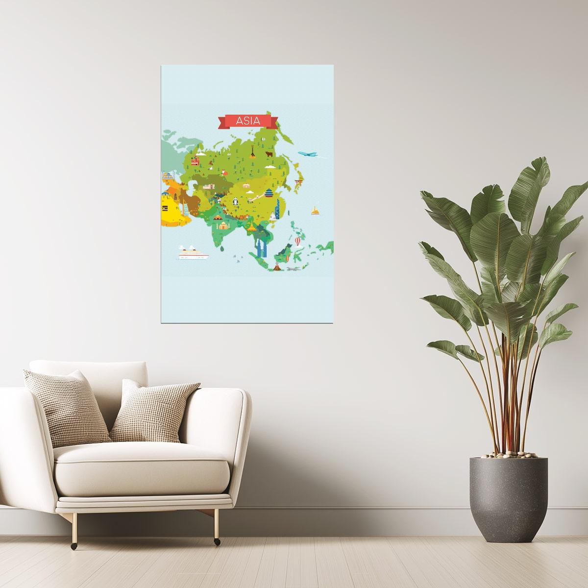 Asia Map | Illustrated Classroom Map with Icons Poster