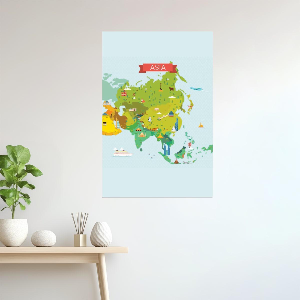 Asia Map | Illustrated Classroom Map with Icons Poster