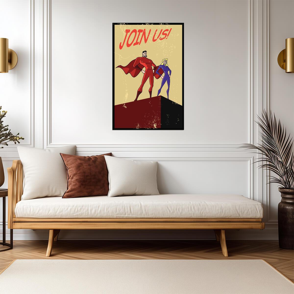 Superhero Couple Recruitment | Join Us! Poster | Retro Comic Style Propaganda Art - Vintage & Retro Poster