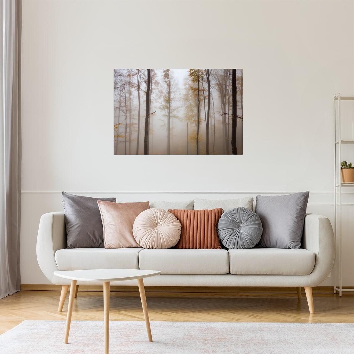 Misty Autumn Forest Poster | Beech Tree Photography | Ethereal Landscape Wall Art