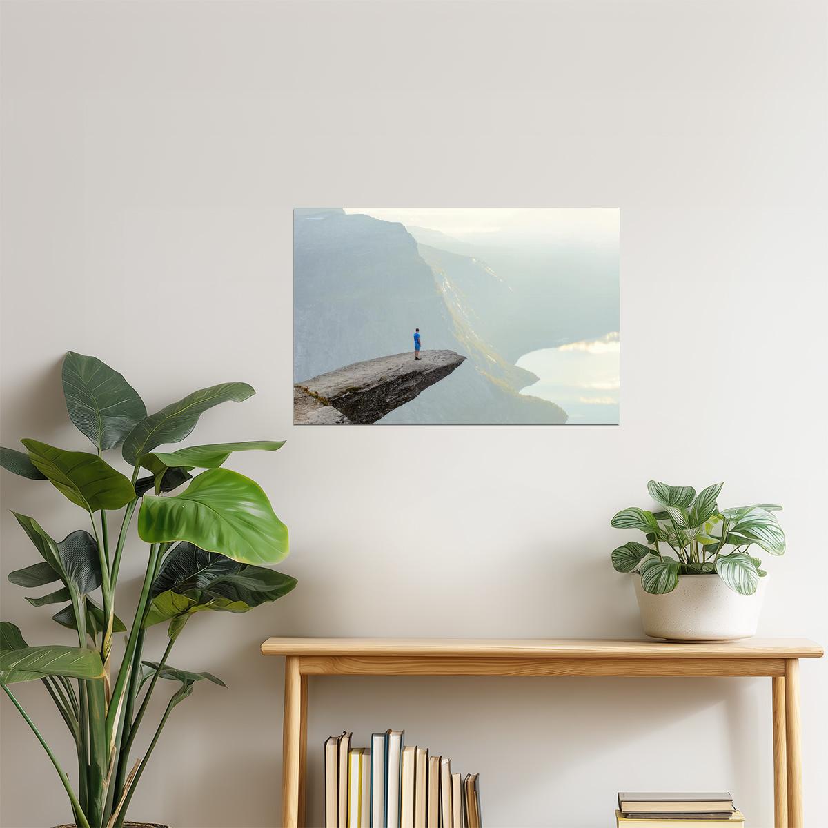 Hiker on Trolltunga Cliff Poster | Norway Adventure Photography | Scenic Landscape Wall Art