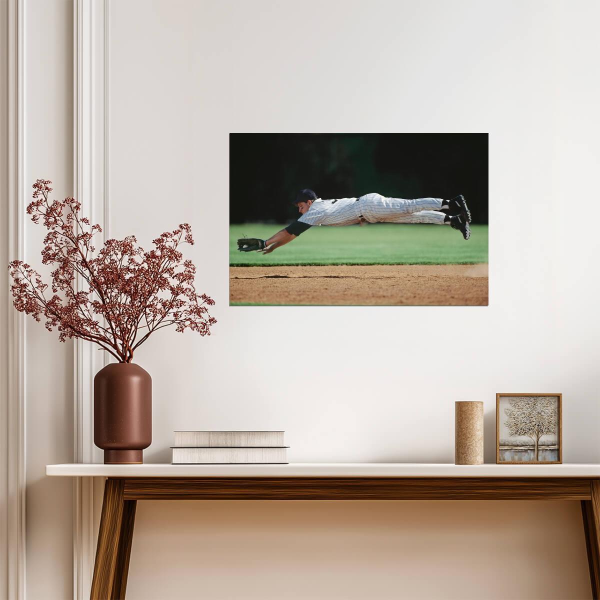 Baseball Player Mid-Air Catch | Dynamic Sports Photography | Defensive Play Poster - Sports Poster