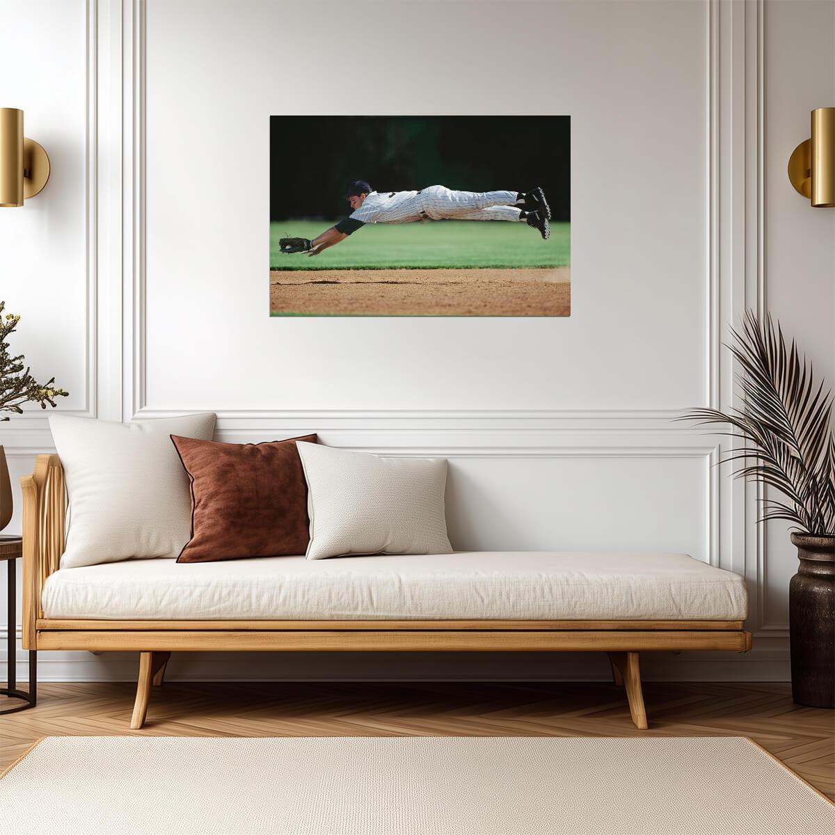 Baseball Player Mid-Air Catch | Dynamic Sports Photography | Defensive Play Poster - Sports Poster