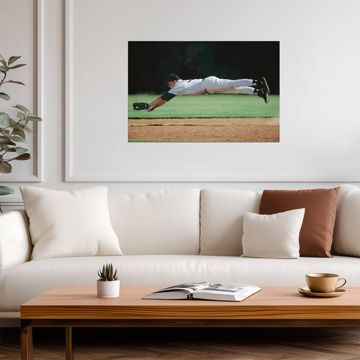 Baseball Player Mid-Air Catch | Dynamic Sports Photography | Defensive Play Poster - Sports Poster