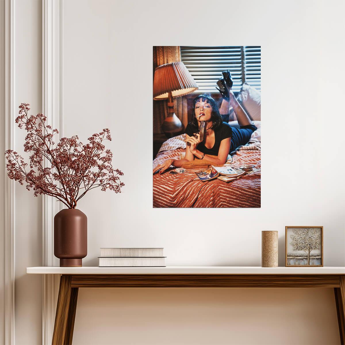 Pulp Fiction | Uma Thurman as Mia Wallace Smoking | Classic Movie Scene Poster - Movies & TV Poster