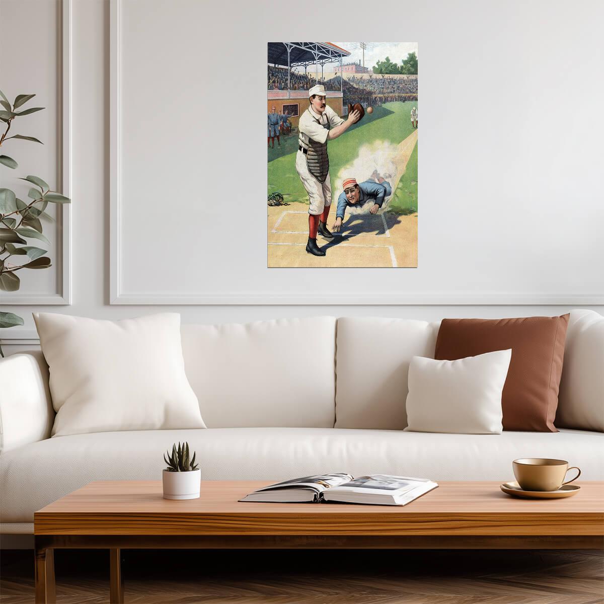 Sliding Into Home Plate | Vintage Baseball Illustration | 19th Century Sports Art Poster - Vintage & Retro Poster