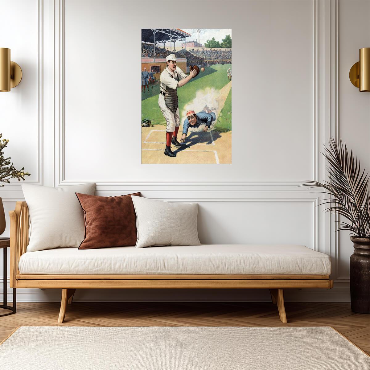 Sliding Into Home Plate | Vintage Baseball Illustration | 19th Century Sports Art Poster - Vintage & Retro Poster