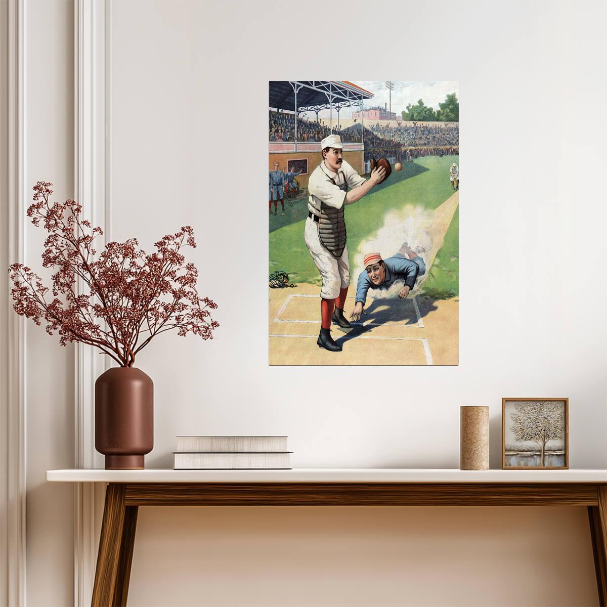Sliding Into Home Plate | Vintage Baseball Illustration | 19th Century Sports Art Poster - Vintage & Retro Poster