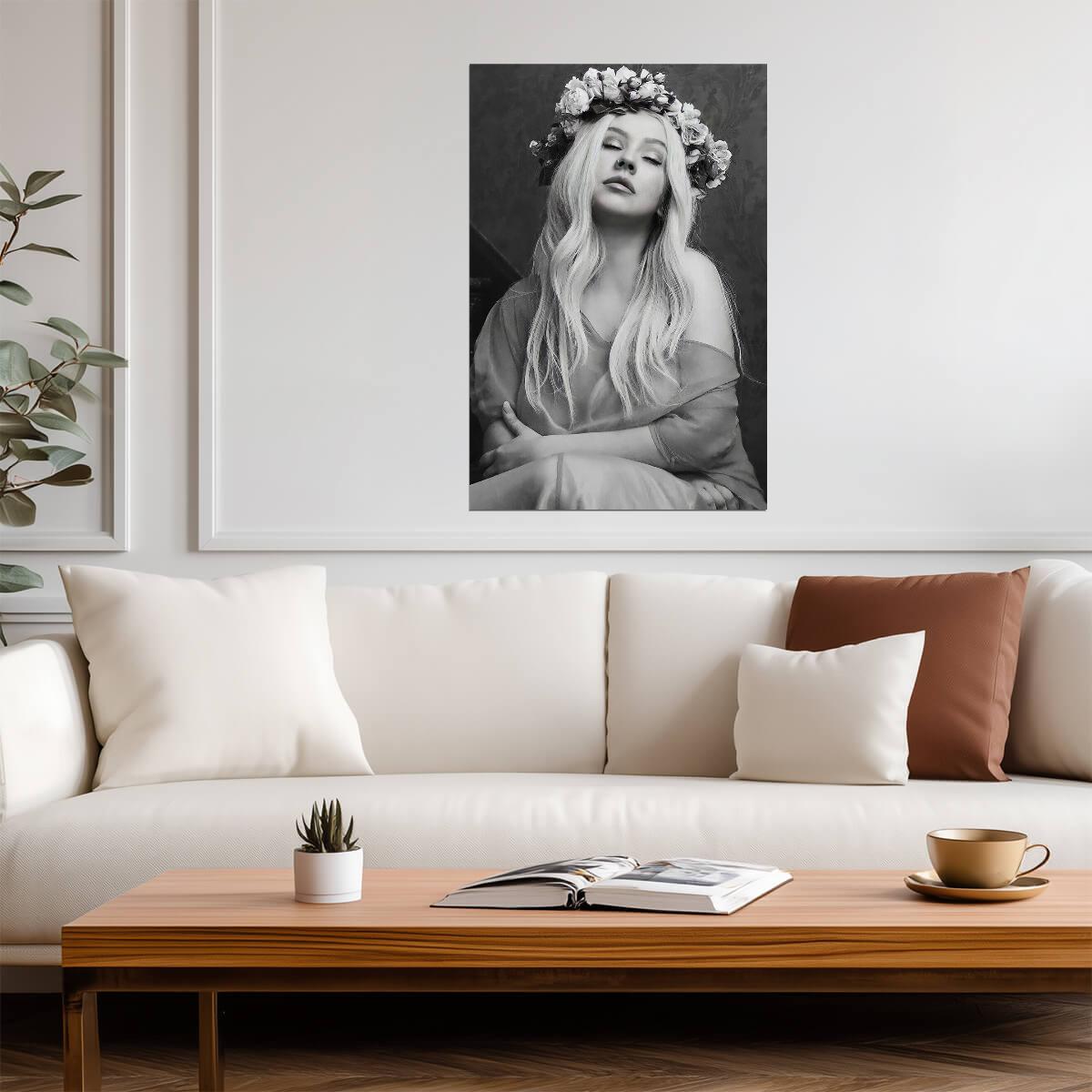 Christina Aguilera Liberation Era | Floral Crown Portrait | Black and White Music Poster