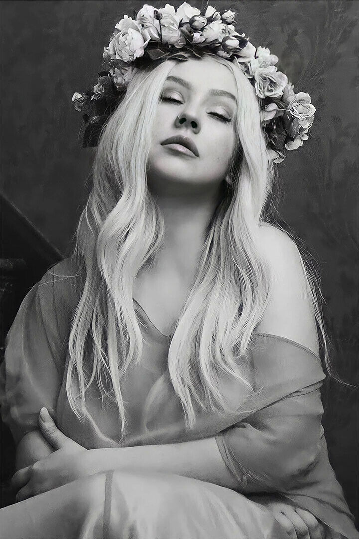 Christina Aguilera Liberation Era | Floral Crown Portrait | Black and White Music Poster