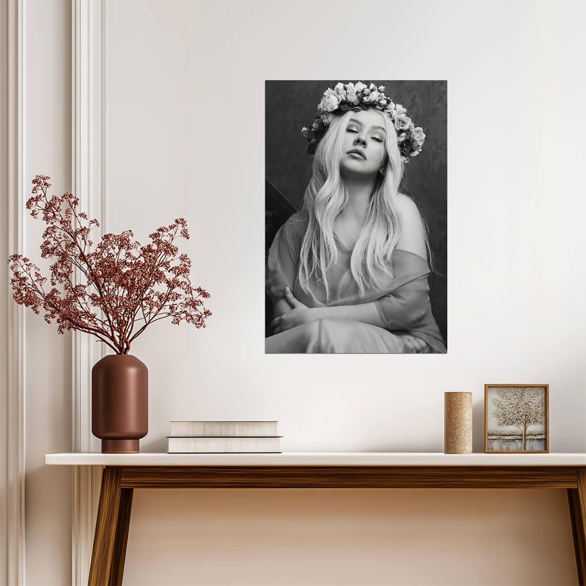 Christina Aguilera Liberation Era | Floral Crown Portrait | Black and White Music Poster