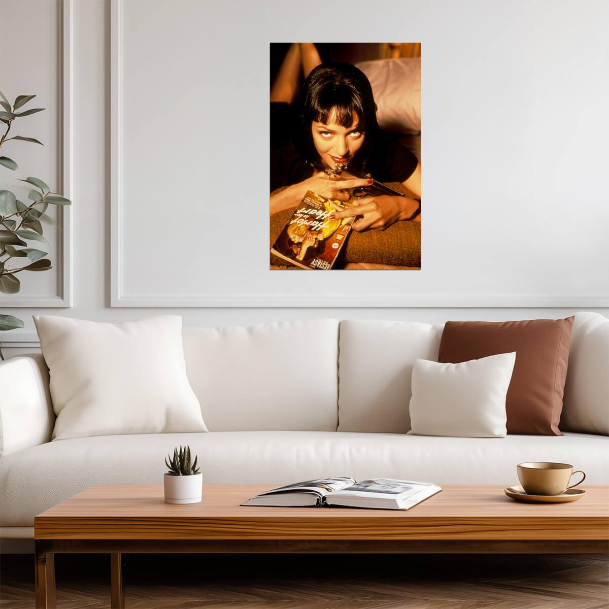 Pulp Fiction | Mia Wallace with Gun on Bed | Uma Thurman Movie Poster - Movies & TV Poster