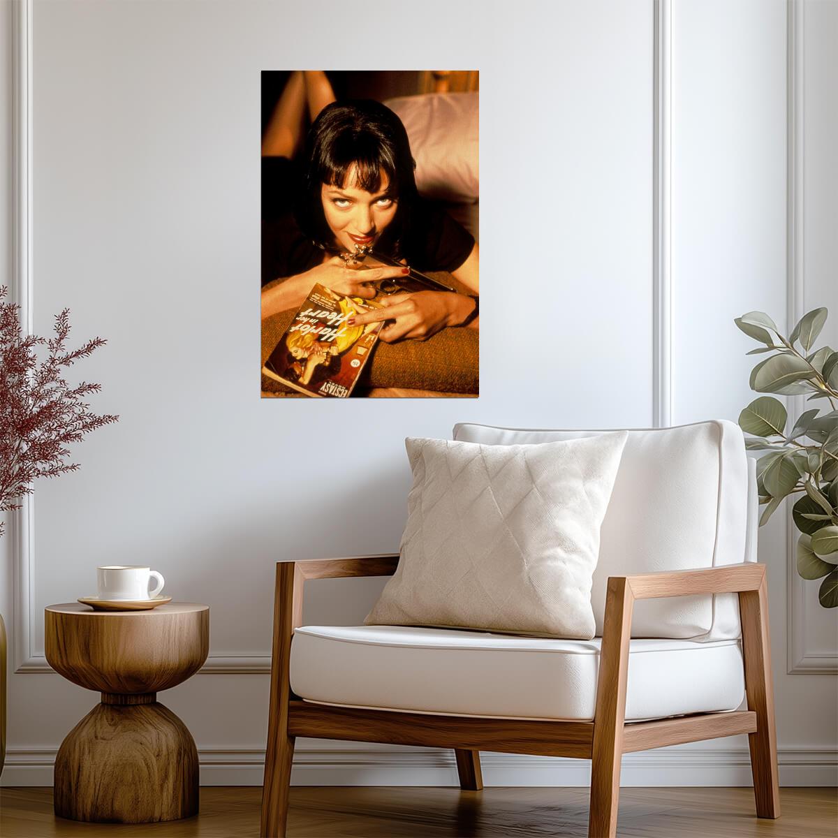 Pulp Fiction | Mia Wallace with Gun on Bed | Uma Thurman Movie Poster - Movies & TV Poster