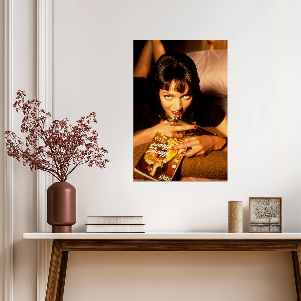 Pulp Fiction | Mia Wallace with Gun on Bed | Uma Thurman Movie Poster - Movies & TV Poster