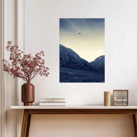 UFO Over Snowy Mountains | Sci-Fi Art Print | Alien Landscape Poster - Graphic & Art Poster