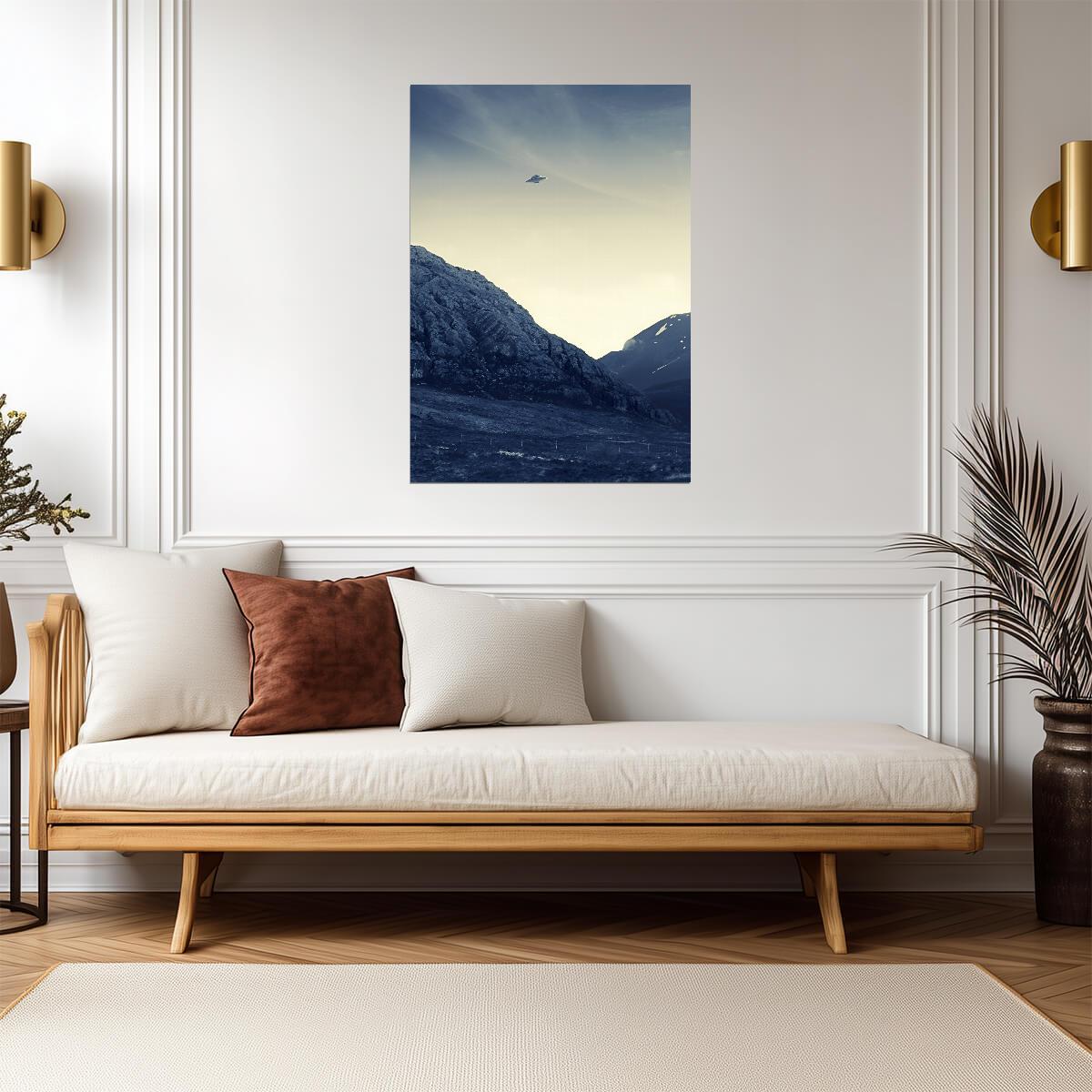 UFO Over Snowy Mountains | Sci-Fi Art Print | Alien Landscape Poster - Graphic & Art Poster
